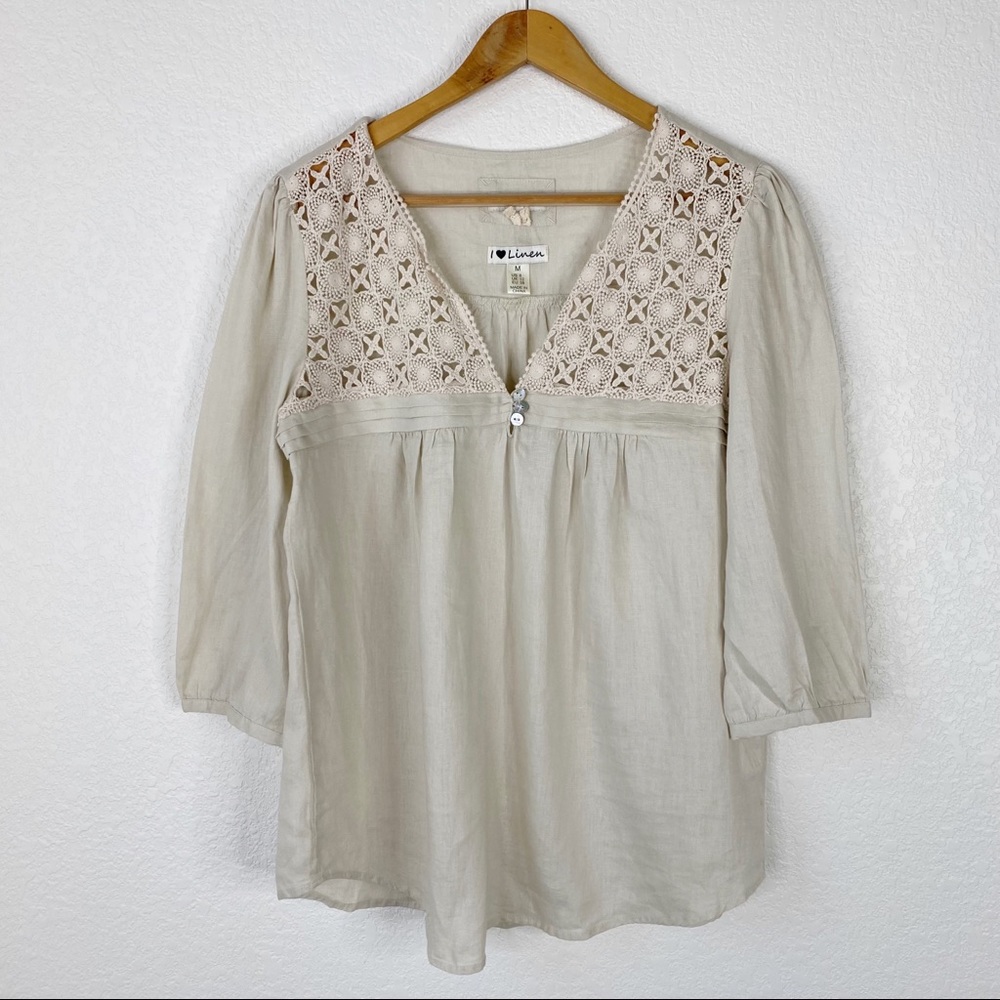 Malvin I Love Linen Tan Crochet 100% Linen Blouse